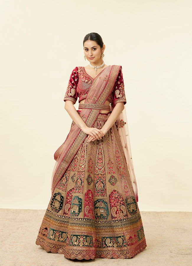 Rich Red Aari Embroidered Lehenga image number 1